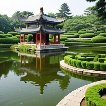 On a tranquil lakeside, traditional Chinese garden design displays graceful curves and carefully manicured plants. The architectural style is traditional Chinese with a classical charm, and the pictures are presented in a bright and clear style.