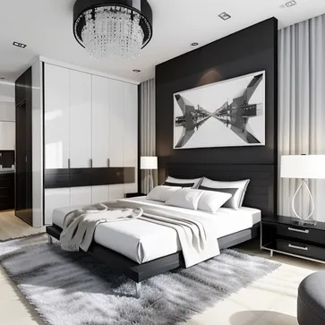 A bedroom design that combines neo-modern and Chinese styles, surrounded by a warm and comfortable environment, using Chinese decorative elements and modern furniture, the picture presents soft, elegant tones and meticulous details