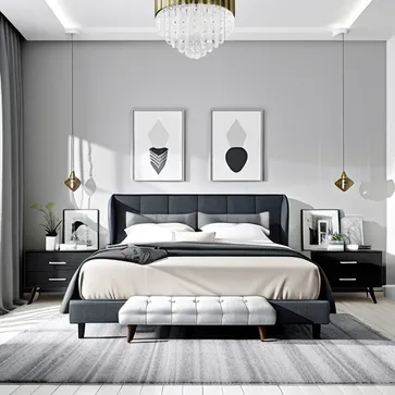 A bedroom design that combines neo-modern and Chinese styles, surrounded by a warm and comfortable environment, using Chinese decorative elements and modern furniture, the picture presents soft, elegant tones and meticulous details