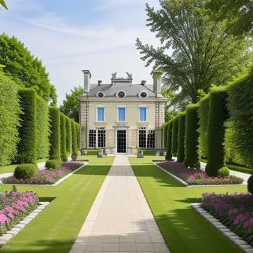 An exquisite European-style courtyard garden, surrounded by a suburban or rural environment, the architectural style or era is 18th-century Baroque architecture, the architect is André Le Nôtre, the picture style is brightly colored, delicate and gorgeous