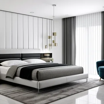 A bedroom design that combines neo-modern and Chinese styles, surrounded by a warm and comfortable environment, using Chinese decorative elements and modern furniture, the picture presents soft, elegant tones and meticulous details