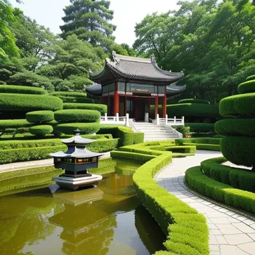 On a tranquil lakeside, traditional Chinese garden design displays graceful curves and carefully manicured plants. The architectural style is traditional Chinese with a classical charm, and the pictures are presented in a bright and clear style.