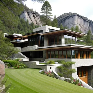 A villa resort surrounded by mountains and water, surrounded by magnificent natural landscapes, the architectural style or era is modernist architecture, the architect is Frank Lloyd Wright, the picture style is rich in texture details and atmospheric natural landscapes