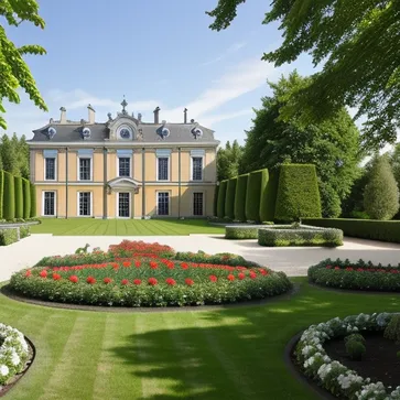 An exquisite European-style courtyard garden, surrounded by a suburban or rural environment, the architectural style or era is 18th-century Baroque architecture, the architect is André Le Nôtre, the picture style is brightly colored, delicate and gorgeous