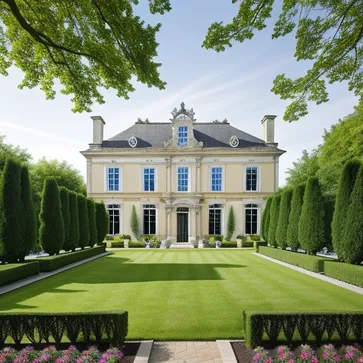 An exquisite European-style courtyard garden, surrounded by a suburban or rural environment, the architectural style or era is 18th-century Baroque architecture, the architect is André Le Nôtre, the picture style is brightly colored, delicate and gorgeous