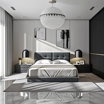 A bedroom design that combines neo-modern and Chinese styles, surrounded by a warm and comfortable environment, using Chinese decorative elements and modern furniture, the picture presents soft, elegant tones and meticulous details