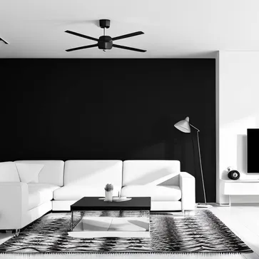 A modern minimalist living room design in black and white, surrounded by fresh, bright space and city views, using simple geometric elements and modern furniture. The picture shows a high contrast of black and white colors and clear details.