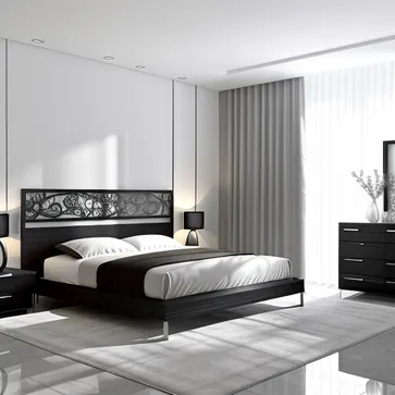 A bedroom design that combines neo-modern and Chinese styles, surrounded by a warm and comfortable environment, using Chinese decorative elements and modern furniture, the picture presents soft, elegant tones and meticulous details