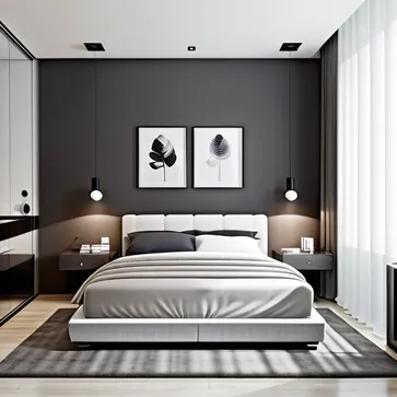 A bedroom design that combines neo-modern and Chinese styles, surrounded by a warm and comfortable environment, using Chinese decorative elements and modern furniture, the picture presents soft, elegant tones and meticulous details