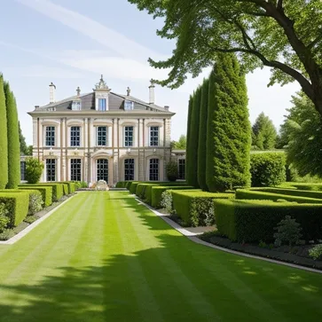 An exquisite European-style courtyard garden, surrounded by a suburban or rural environment, the architectural style or era is 18th-century Baroque architecture, the architect is André Le Nôtre, the picture style is brightly colored, delicate and gorgeous