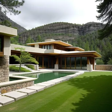 A villa resort surrounded by mountains and water, surrounded by magnificent natural landscapes, the architectural style or era is modernist architecture, the architect is Frank Lloyd Wright, the picture style is rich in texture details and atmospheric natural landscapes