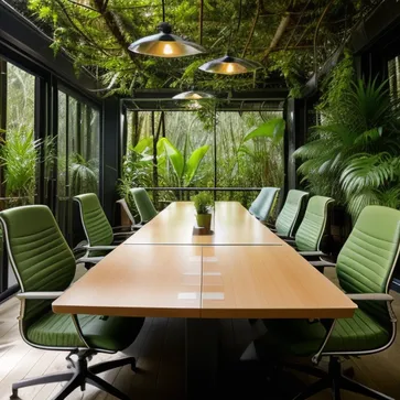Landscape office, in the rainforest, lots of green plants, natural style, desks and chairs, open office, sunny