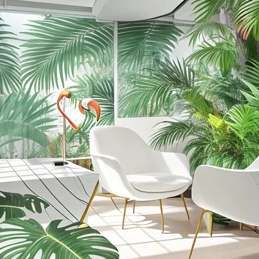 sunny,office,rainforest style,tropical plants,flamingo pattern,futuristic style,white desk,bird of paradise flowers