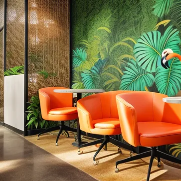 sunny, rainforest style, tropical plants, flamingo pattern, bird of paradise flowers, industrial style, coffee shop