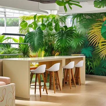 sunny, rainforest style, tropical plants, flamingo pattern, bird of paradise flowers, futuristic style, light beige table, hospitality space