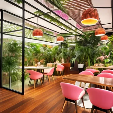 sunny, rainforest style, tropical plants, flamingo pattern, bird of paradise flowers, futuristic style, coffee shop