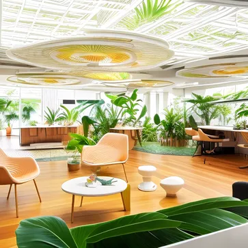 sunny, rainforest style, tropical plants, flamingo pattern, bird of paradise flowers, light beige table, office, futuristic style