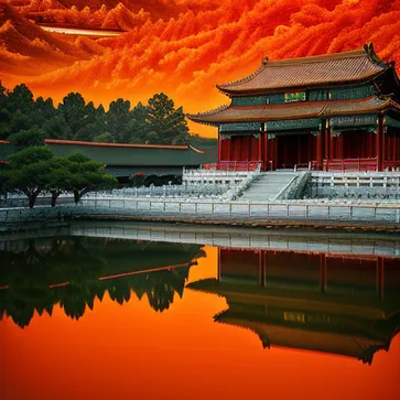 Forbidden City, antique, award-winning work, ultra wide angle, abstract art, ancient Chinese architecture, bright red and light bronze style, minimalist landscape, naturalistic renderings, pile/stack, mirror room, minimalist sculptor, utopian vision