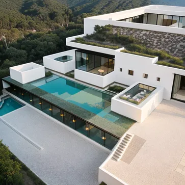mountain villa, soil covering, scattered courtyard, glass, white wall, abstract