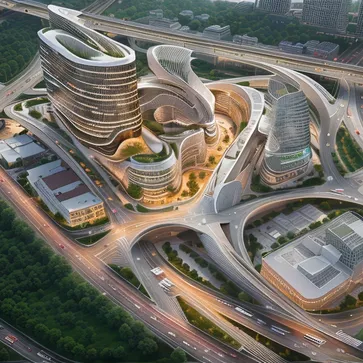  night, aerial view, a large building with a curved roof next to a highway and a highway with cars on it at night