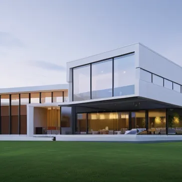 modernvilla, architecture, blackandwhite , blue sky,scenery, plant, people, masterpiece,best quality, super detailed,realistic,photorealistic, 8k 
