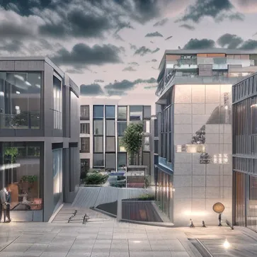eye-level view, residential, low rise buildings, light concrete floor, dark buildings