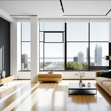 commercial interior space,modern minimalism style,sunny,living room,luxury