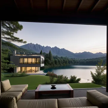 Villa,Eye-Level View,Dusk,Lakeside,Mountain,Forest,Le Corbusier,Glass,Realistic Details