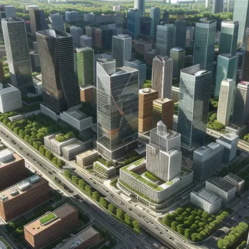day, aerial view, a city with a lot of tall buildings and a lot of trees in the middle of it and a lot of cars parked in front of them