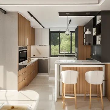 Kitchen,modern style,Sunny,Ceramic tile floor,Painted wall,glass,gypsum,wood,Internal Light Source,Realistic Details